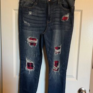 Judy Blue Distressed Skinny Jeans with Red Plaid Accents
